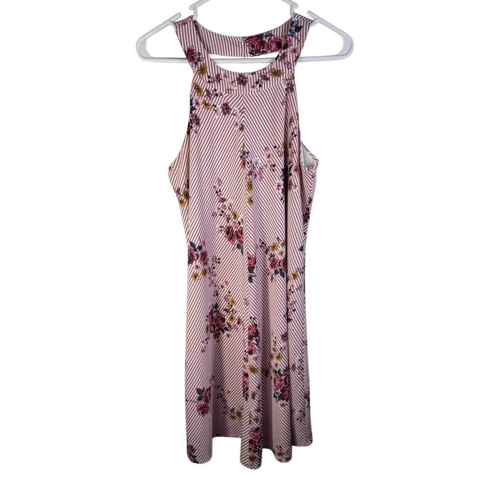 Three Pink Hearts Floral Striped Halter Dress Size L | Chic Summer Style